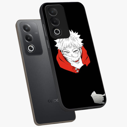 Crimson Chaos Smile Glass Case displayed in angled mockup highlighting edgy crimson smile design with graphic aesthetic.