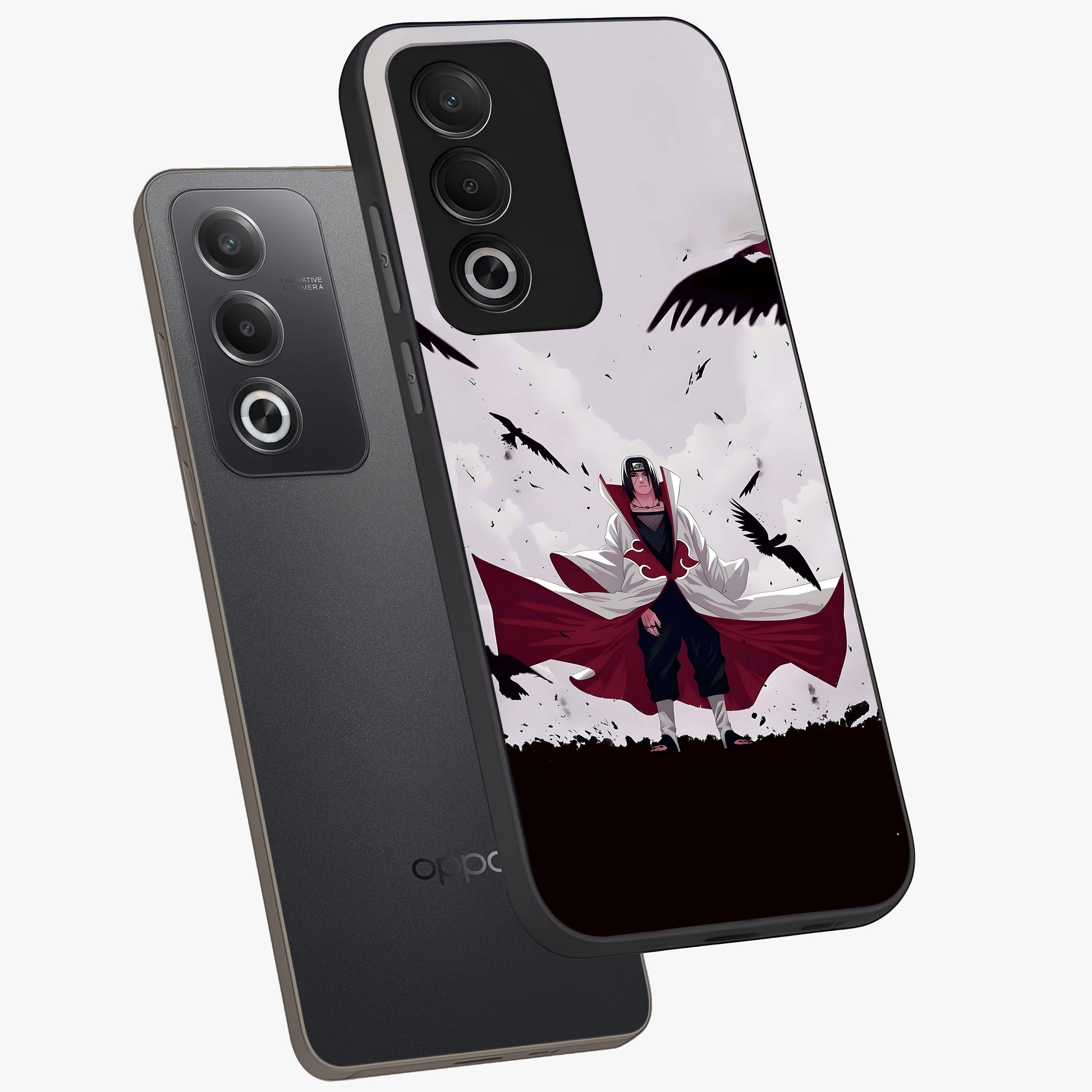 Crimson Crow Ascension Glass Case displayed in angled mockup highlighting powerful crow illustration with dark crimson aesthetic.