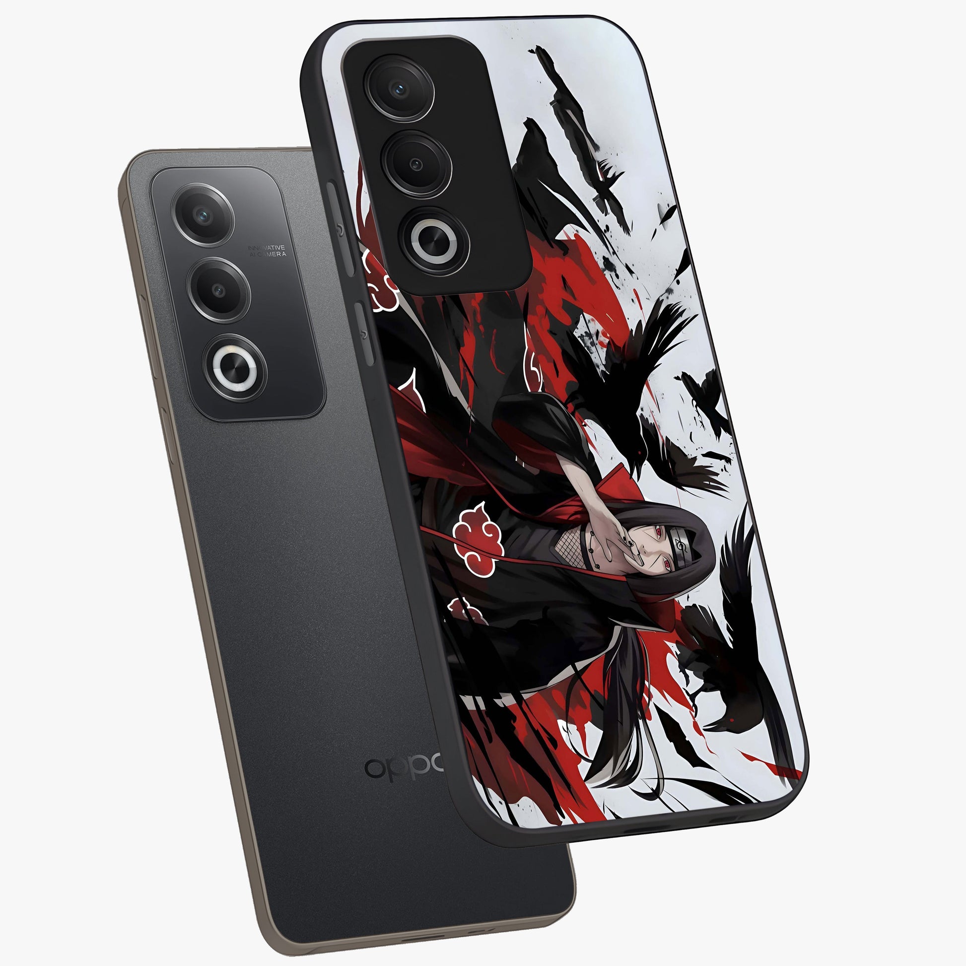 Crimson Crow Illusion Glass Case displayed in angled mockup highlighting mysterious crow graphic with dark aesthetic style.