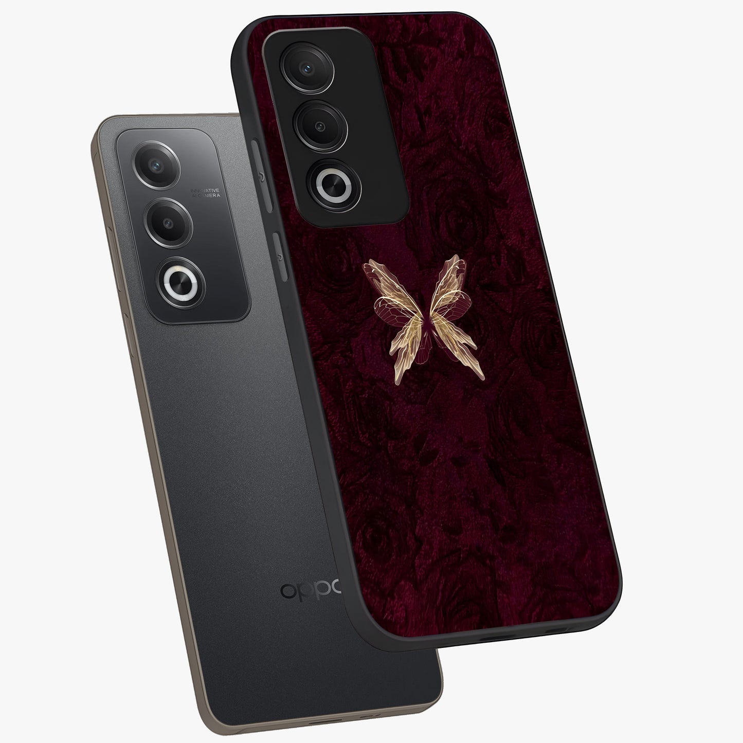 Crimson Fade Butterfly Glass Case displayed in angled mockup highlighting elegant butterfly design with crimson gradient aesthetic.