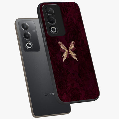 Crimson Fade Butterfly Glass Case displayed in angled mockup highlighting elegant butterfly design with crimson gradient aesthetic.