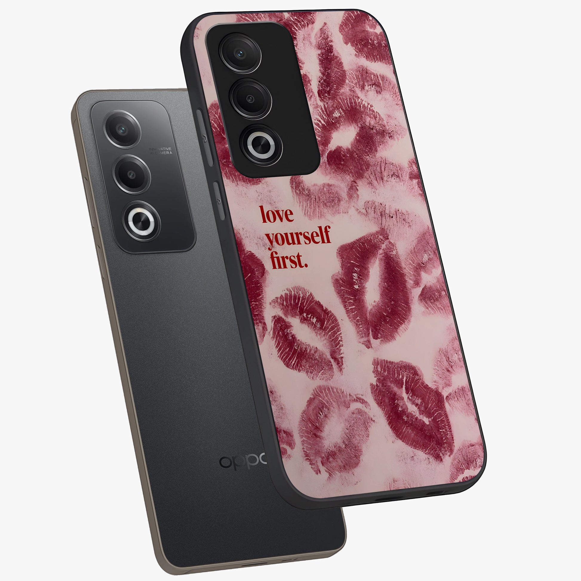 Crimson Kiss Love Glass Case displayed in angled mockup highlighting bold love inspired design with modern aesthetic style.