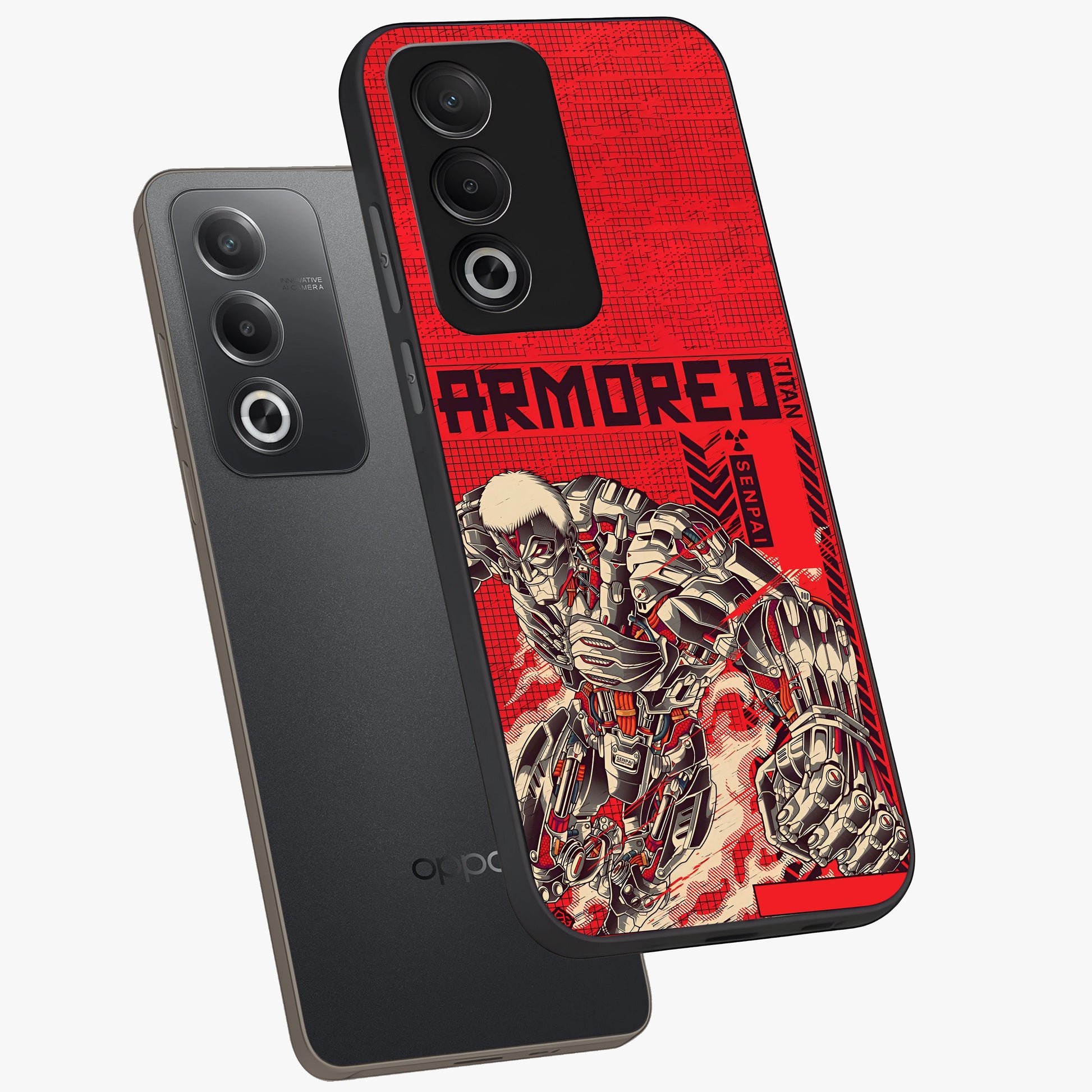 Crimson Mecha Titan Glass Case displayed in angled mockup highlighting futuristic mech illustration with bold crimson aesthetic.