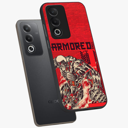 Crimson Mecha Titan Glass Case displayed in angled mockup highlighting futuristic mech illustration with bold crimson aesthetic.
