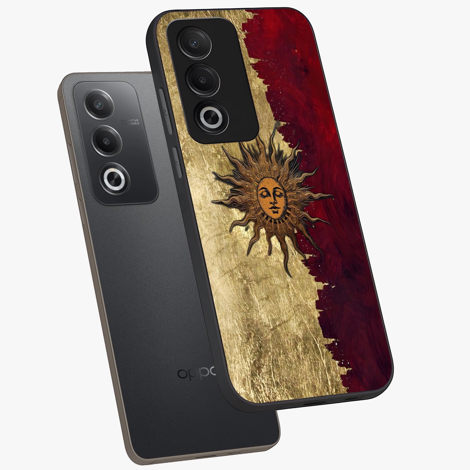 Crimson Sun Majesty Glass Case displayed in angled mockup highlighting majestic crimson sun design with bold aesthetic style.