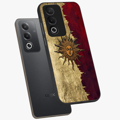 Crimson Sun Majesty Glass Case displayed in angled mockup highlighting majestic crimson sun design with bold aesthetic style.