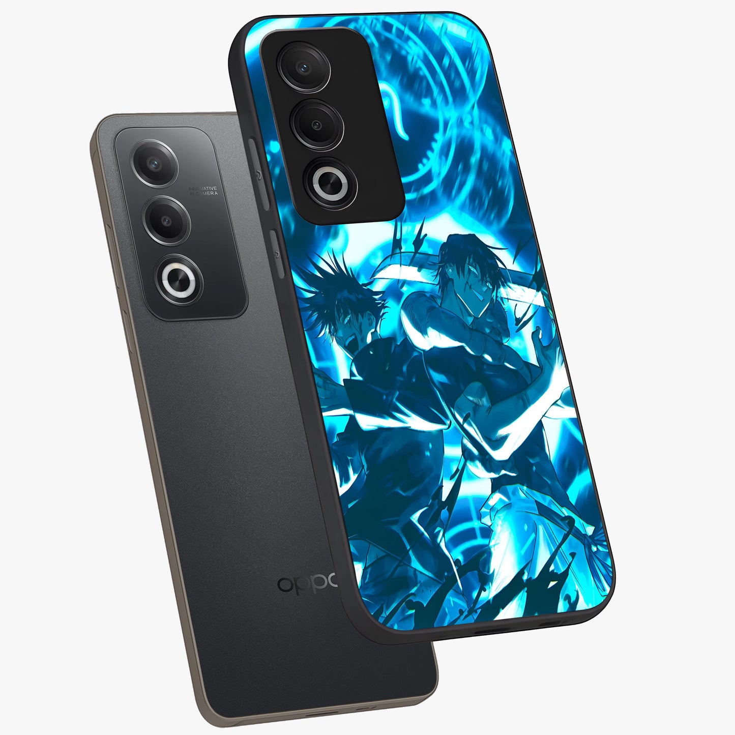 Cursed Energy Clash Glass Case displayed in angled mockup highlighting powerful battle inspired graphic with anime style aesthetic.