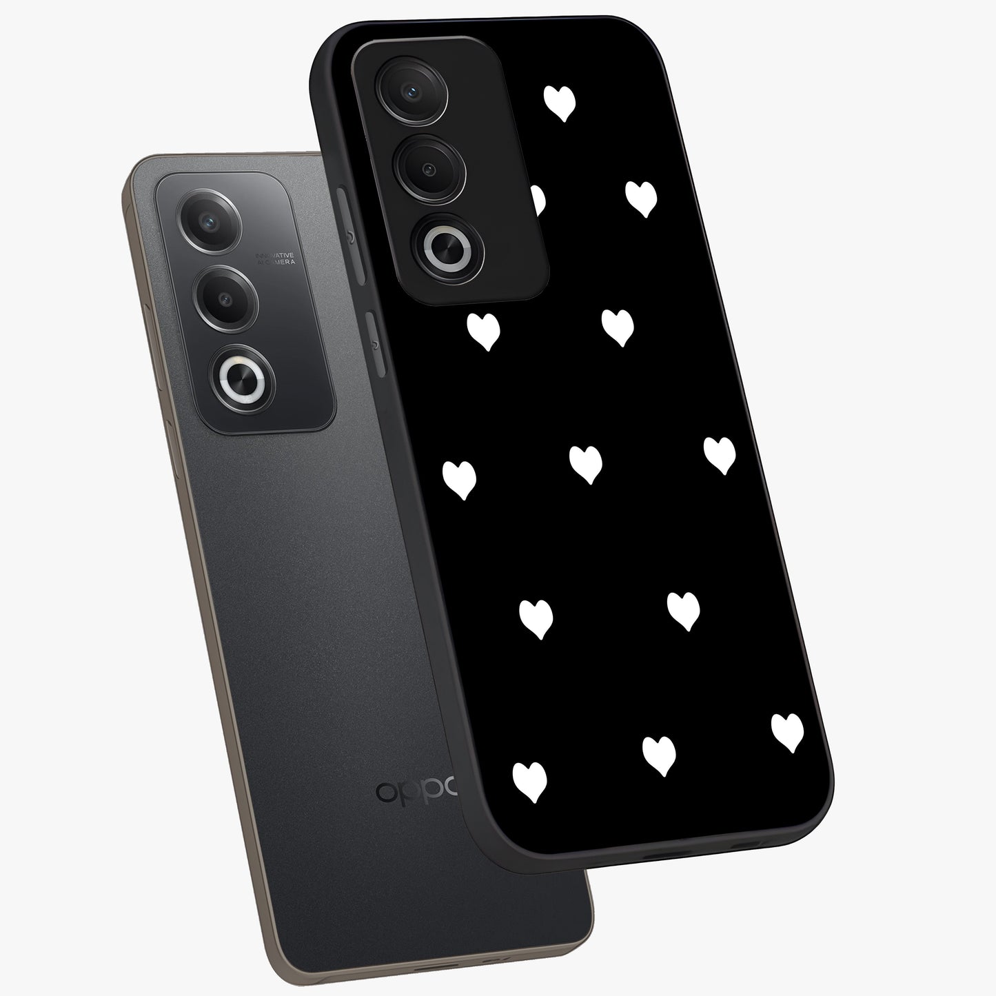 Cute And Simple White Hearts Glass Case displayed in angled mockup highlighting cute heart design with clean aesthetic style.