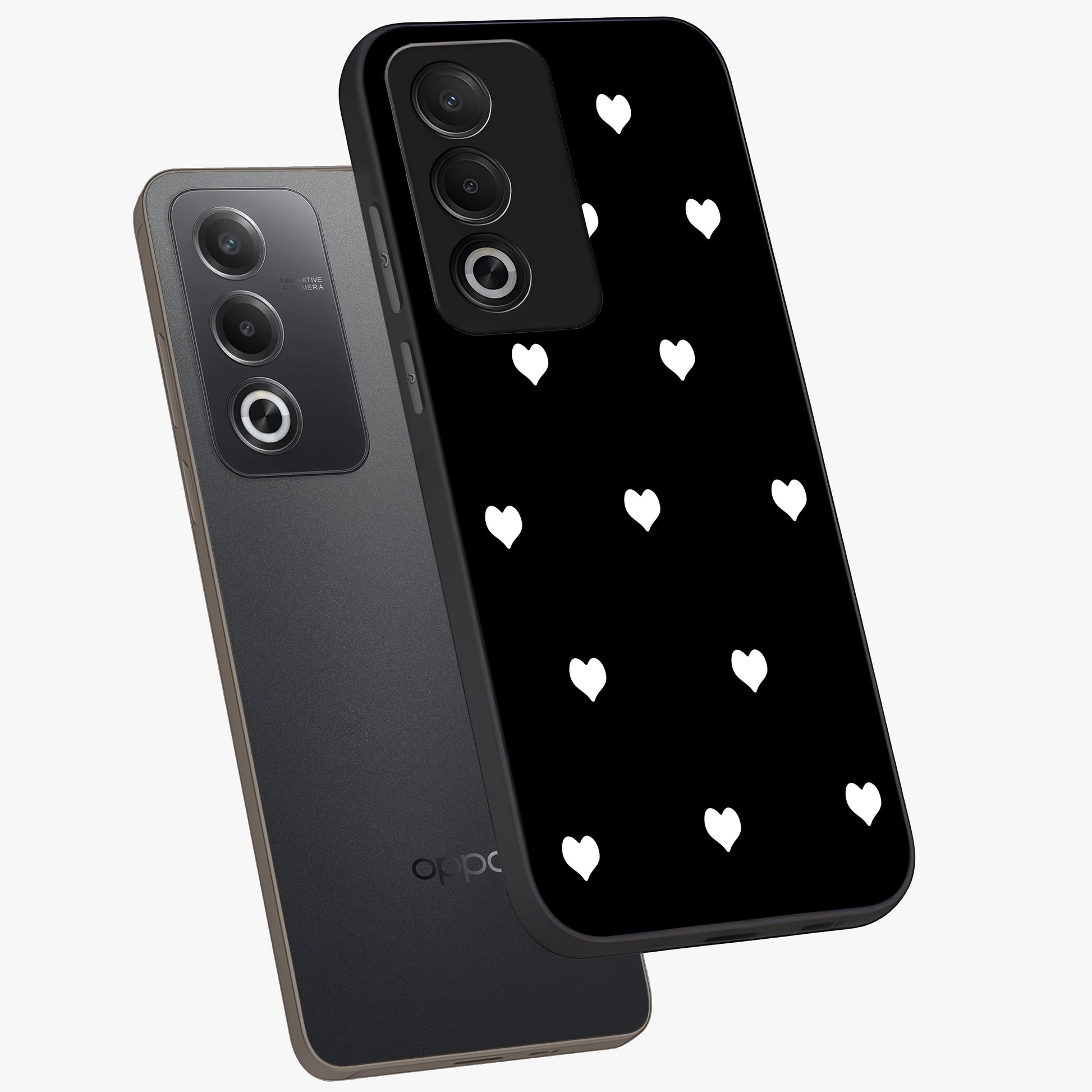 Cute And Simple White Hearts Glass Case displayed in angled mockup highlighting cute heart design with clean aesthetic style.