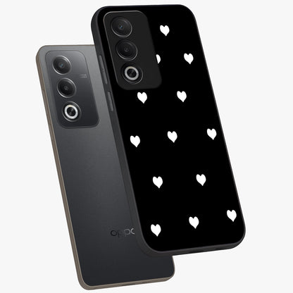 Cute And Simple White Hearts Glass Case displayed in angled mockup highlighting cute heart design with clean aesthetic style.