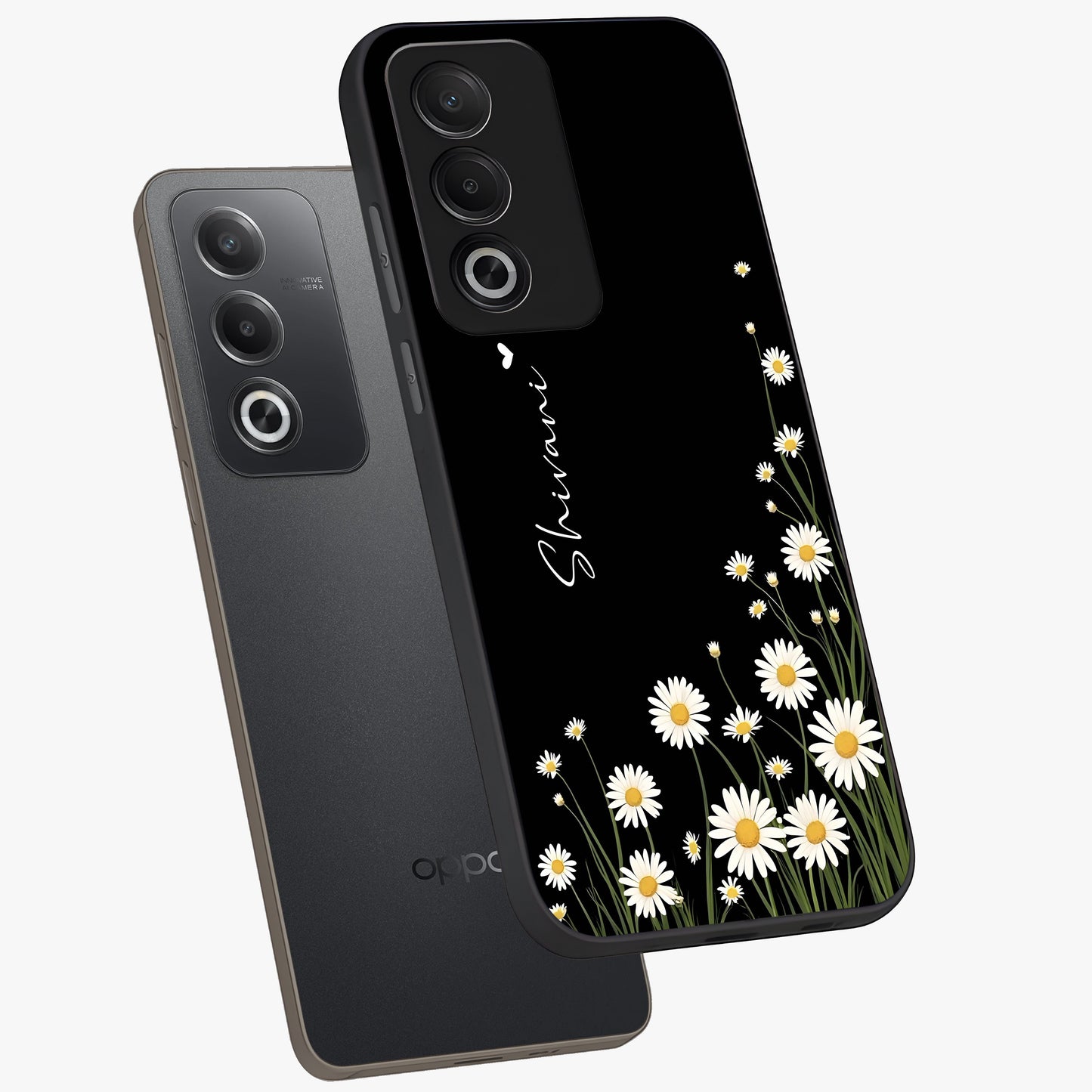 Daisy Cascade Custom Name Glass Case displayed in angled mockup highlighting delicate daisy artwork with custom name feature.