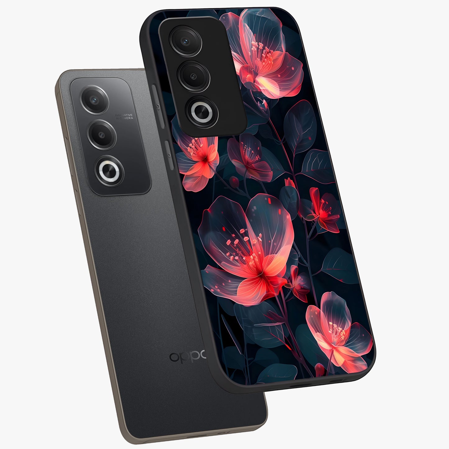 Dark Shade of Flower Glass Case displayed in angled mockup highlighting moody floral illustration with aesthetic dark tones.