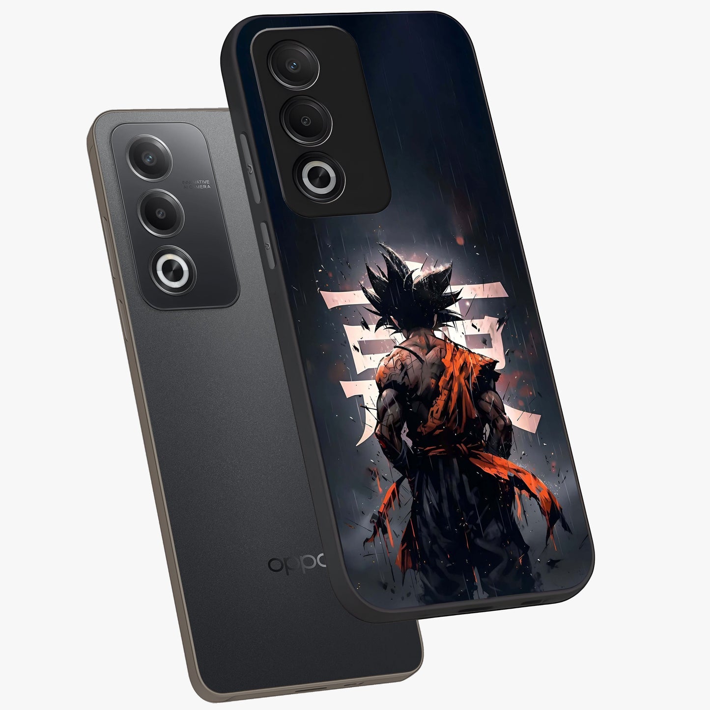 Dark Warrior In Rain Glass Case displayed in angled mockup highlighting dramatic warrior illustration with dark rain aesthetic.