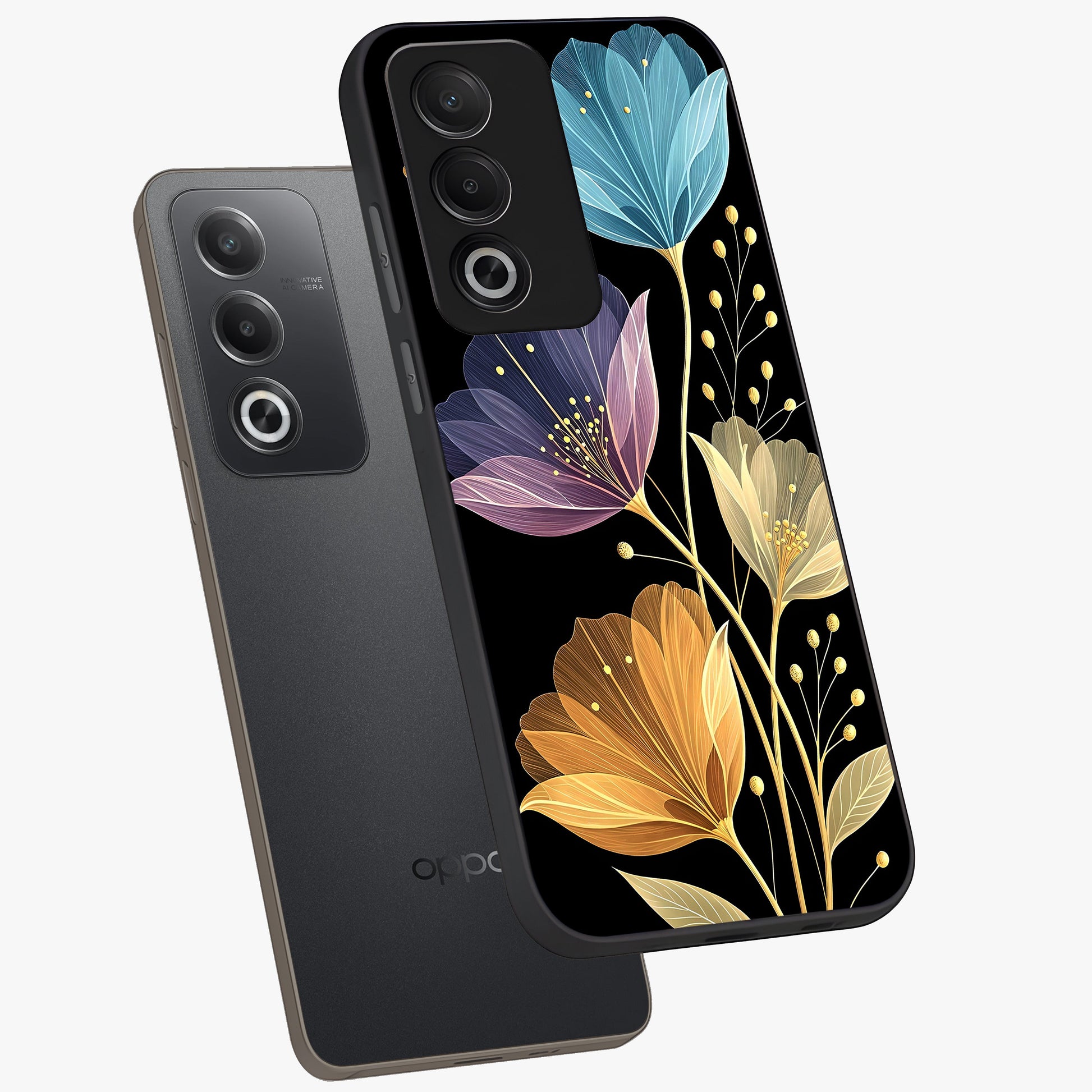 Delicate Multicolor Flowers Glass Case displayed in angled mockup highlighting colorful flower pattern with soft aesthetic style.