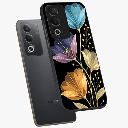 Delicate Multicolor Flowers Glass Case displayed in angled mockup highlighting colorful flower pattern with soft aesthetic style.