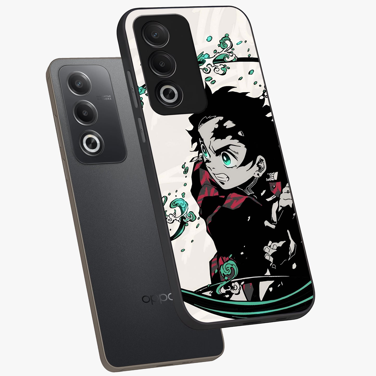 Demon Slayer Glass Case displayed in angled mockup highlighting dramatic anime character design with action aesthetic.