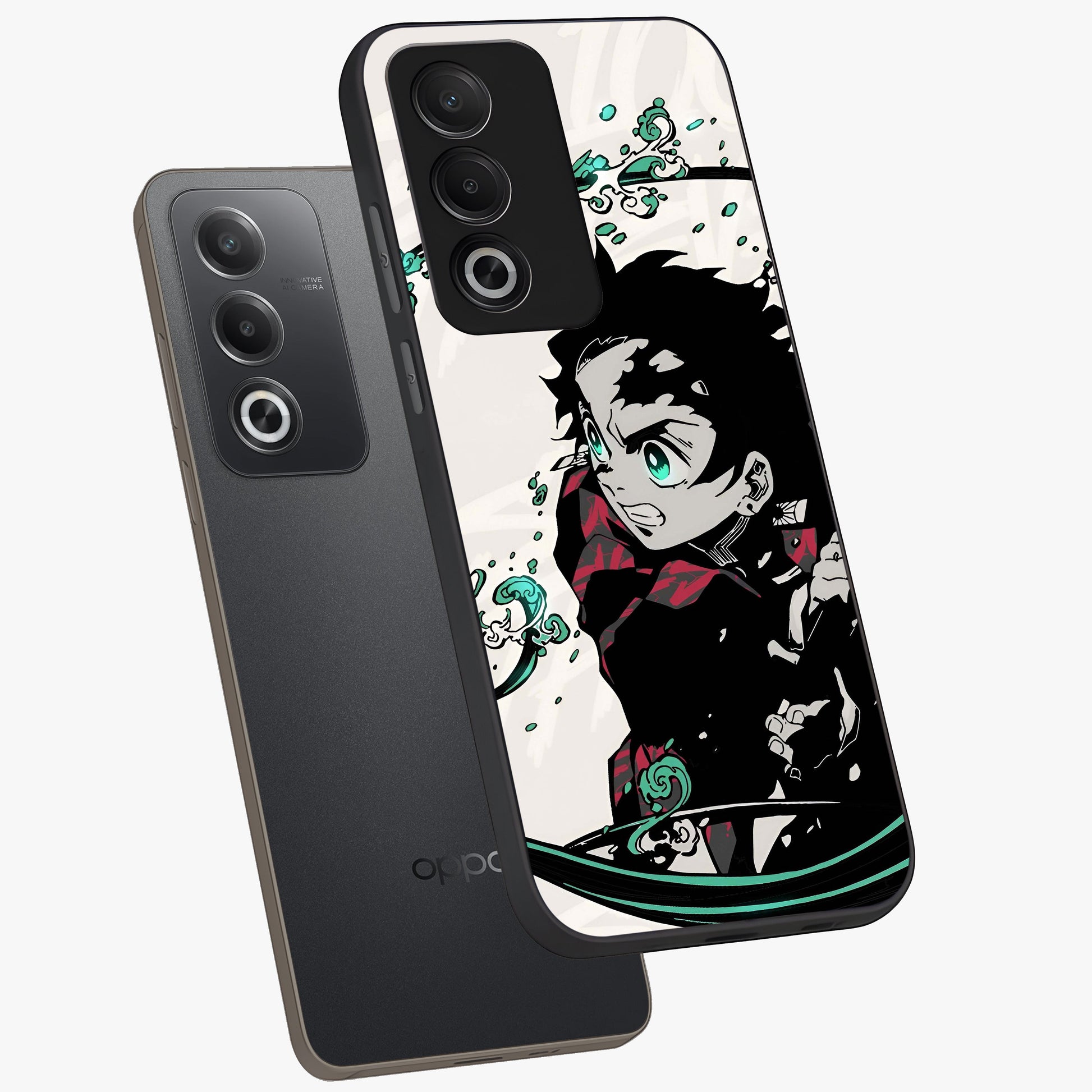 Demon Slayer Glass Case displayed in angled mockup highlighting dramatic anime character design with action aesthetic.