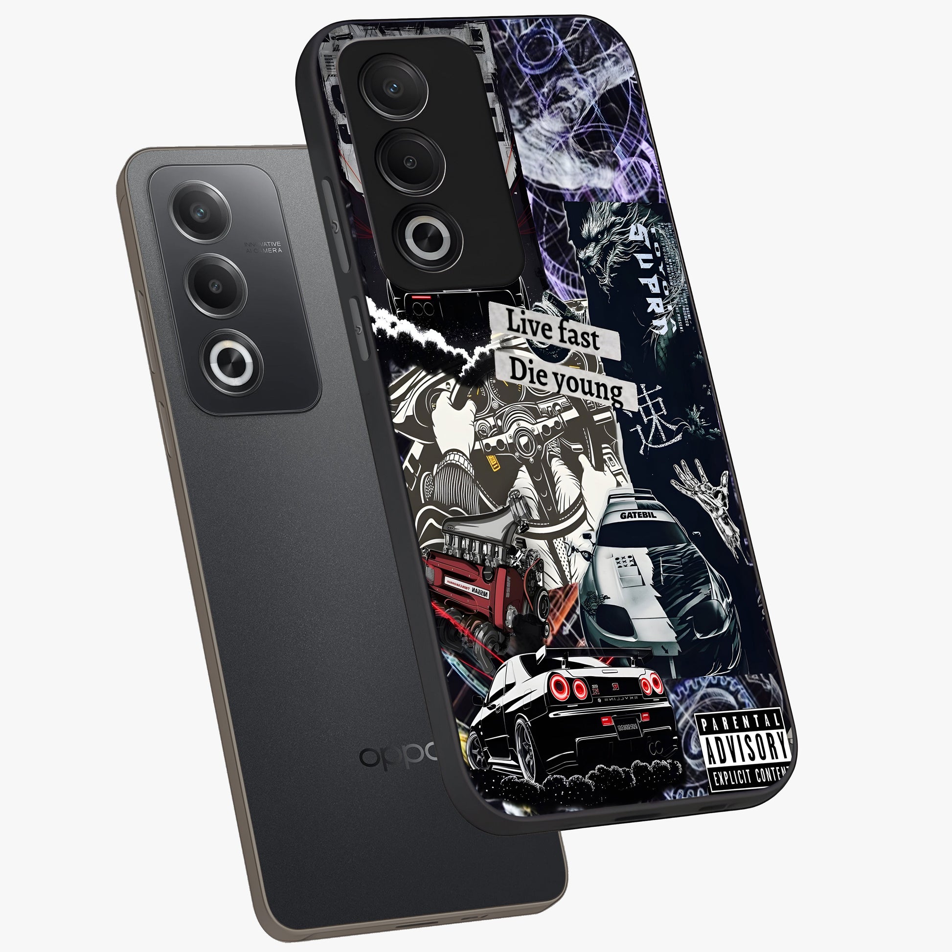 Die Young Glass Case displayed in angled mockup highlighting expressive graphic artwork with edgy aesthetic style.
