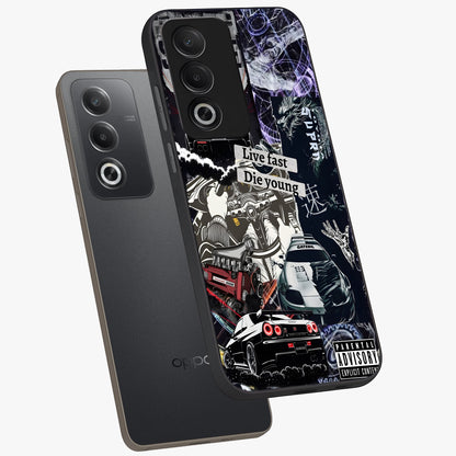 Die Young Glass Case displayed in angled mockup highlighting expressive graphic artwork with edgy aesthetic style.