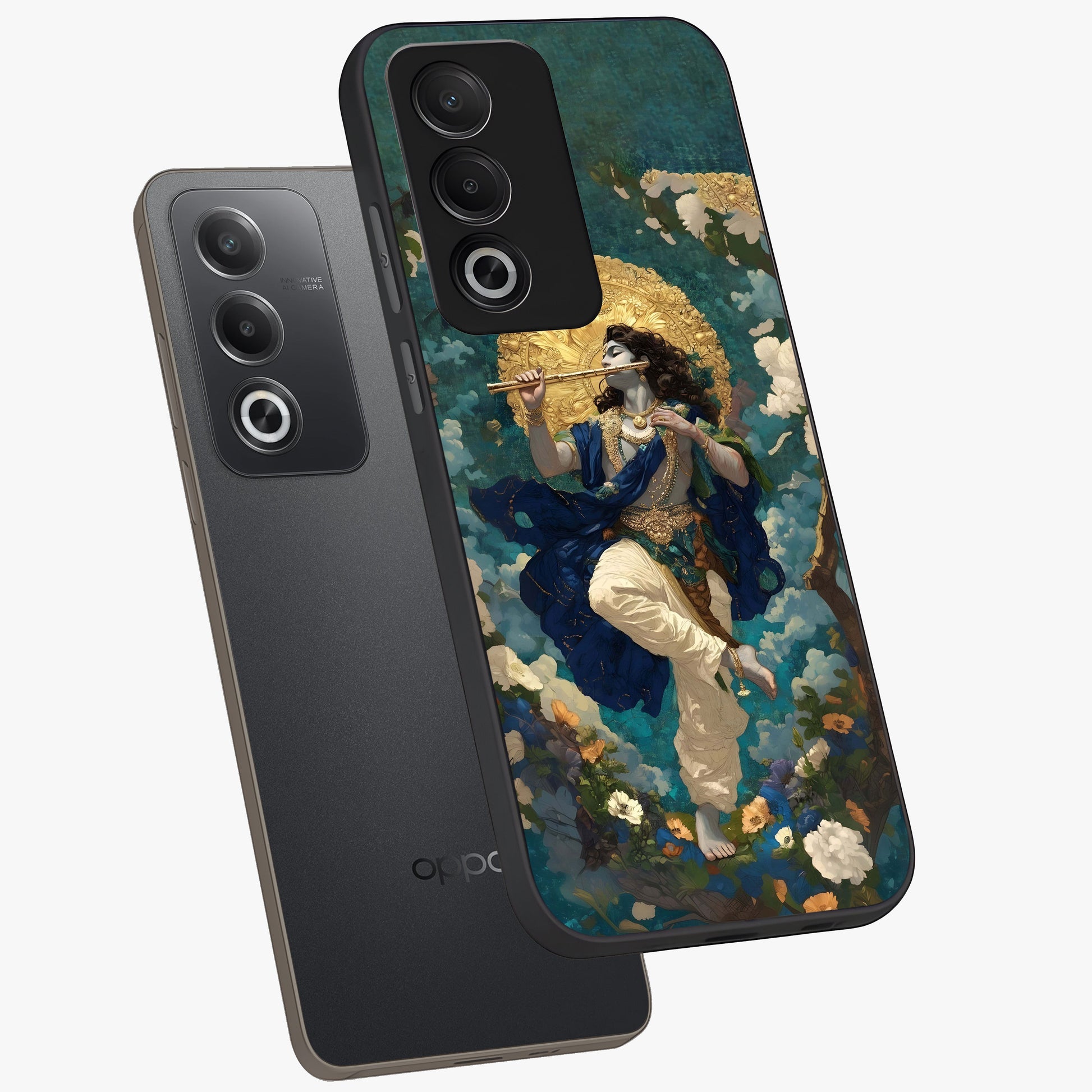 Divine Krishna Art Glass Case displayed in angled mockup highlighting spiritual Krishna illustration with devotional aesthetic.