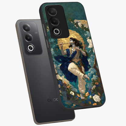 Divine Krishna Art Glass Case displayed in angled mockup highlighting spiritual Krishna illustration with devotional aesthetic.