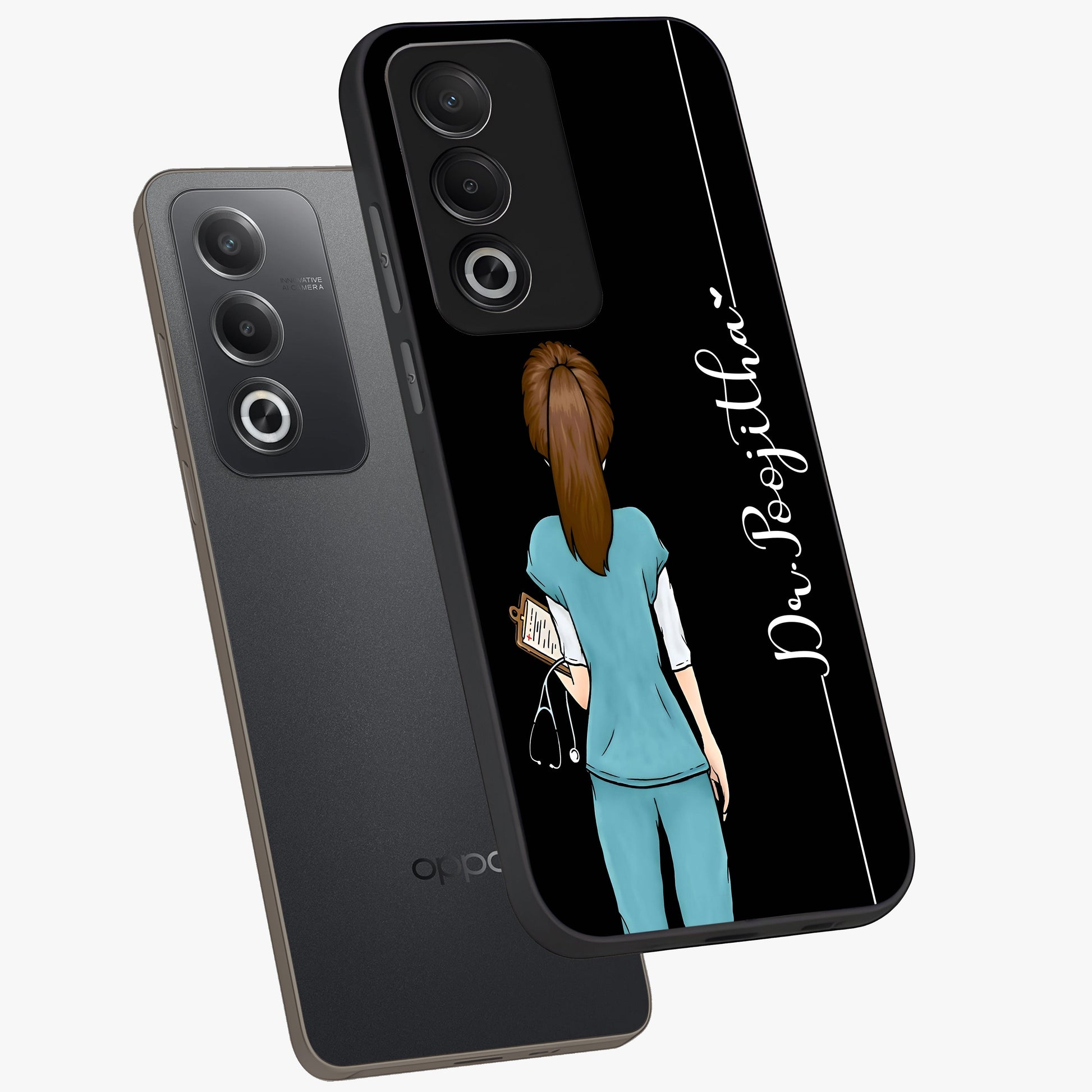 Doctor Pattern Custom Name Glass Case displayed in angled mockup highlighting doctor inspired artwork with custom name feature.