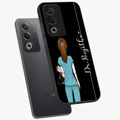 Doctor Pattern Custom Name Glass Case displayed in angled mockup highlighting doctor inspired artwork with custom name feature.