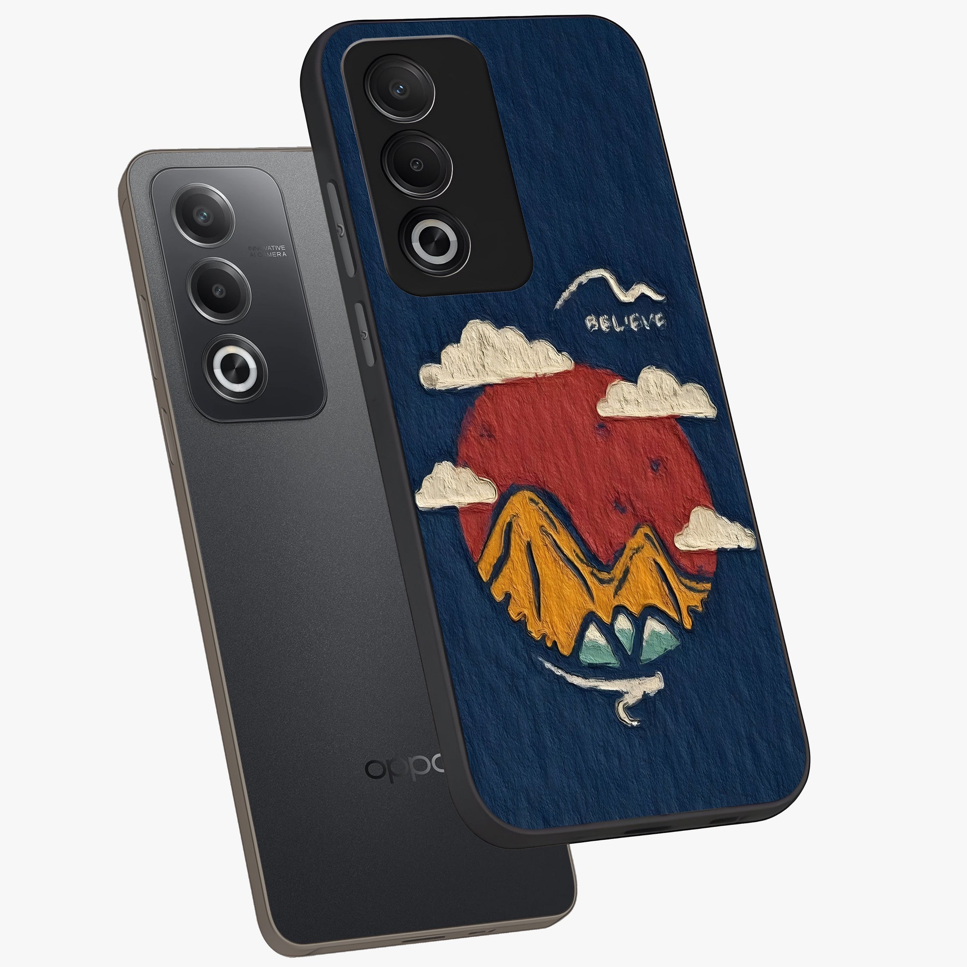 Dream Beyond Mountains Glass Case displayed in angled mockup highlighting dreamy mountain illustration with peaceful aesthetic.