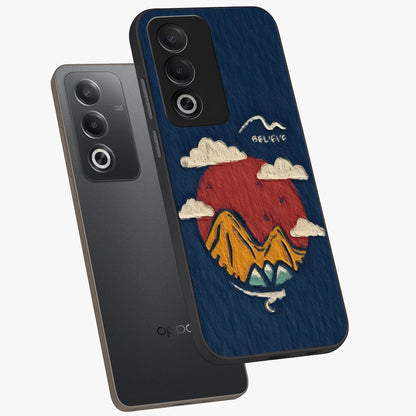 Dream Beyond Mountains Glass Case displayed in angled mockup highlighting dreamy mountain illustration with peaceful aesthetic.