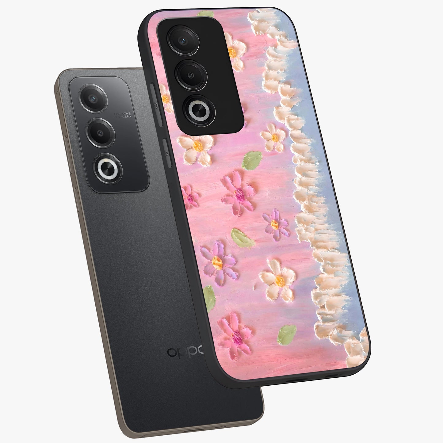 Dreamy Painted Garden Glass Case displayed in angled mockup highlighting colorful garden illustration with dreamy aesthetic style.