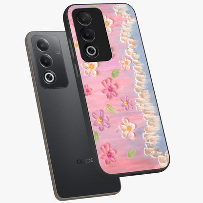 Dreamy Painted Garden Glass Case displayed in angled mockup highlighting colorful garden illustration with dreamy aesthetic style.
