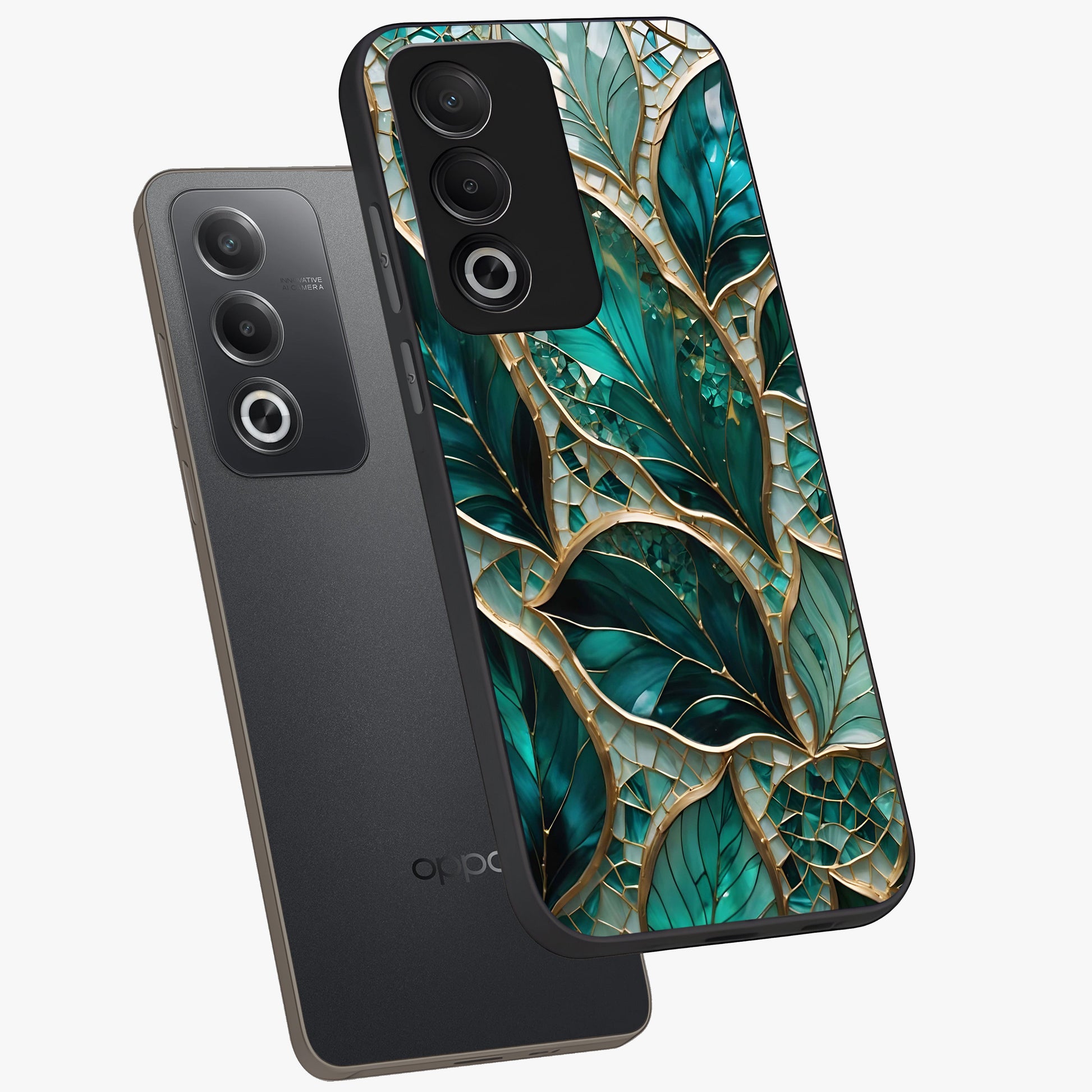 Emerald Leaf Glass Glass Case displayed in angled mockup highlighting botanical leaf illustration with elegant natural aesthetic.
