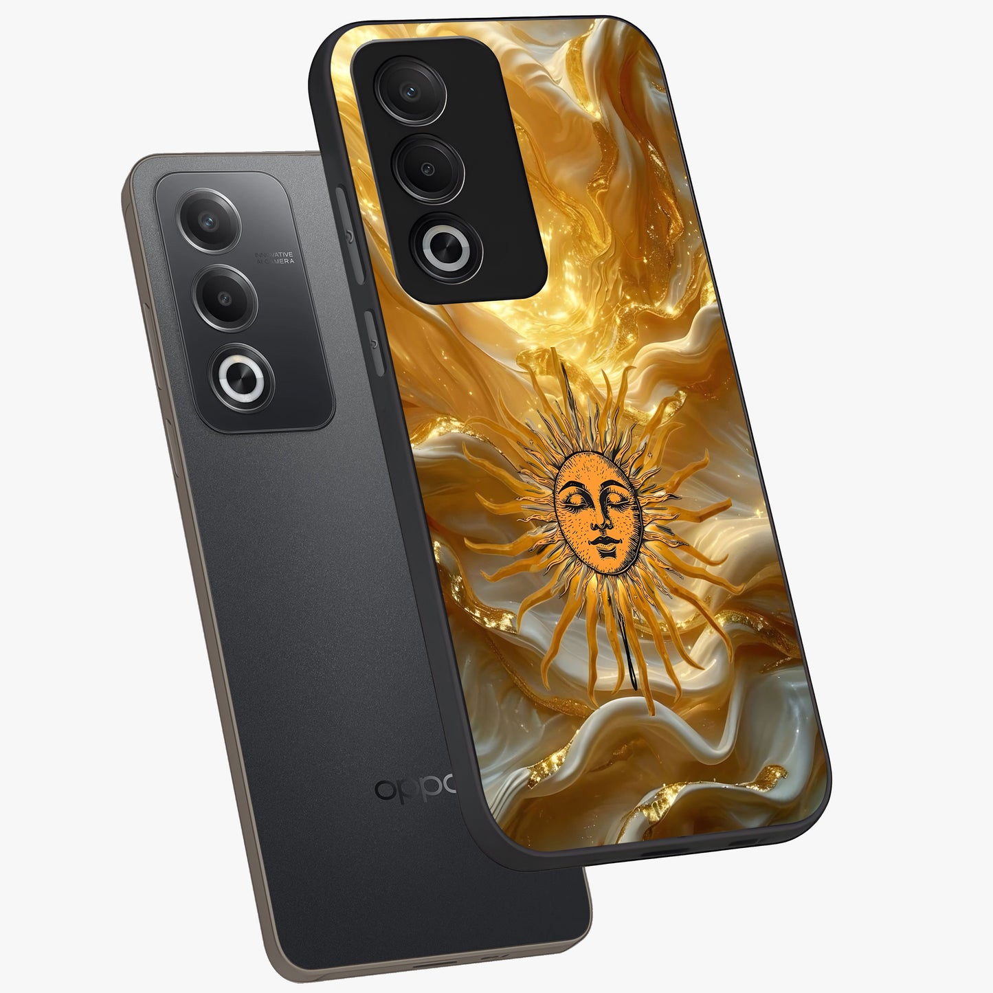 Eternal Golden Glow Glass Case displayed in angled mockup highlighting glowing golden aesthetic design with elegant style.