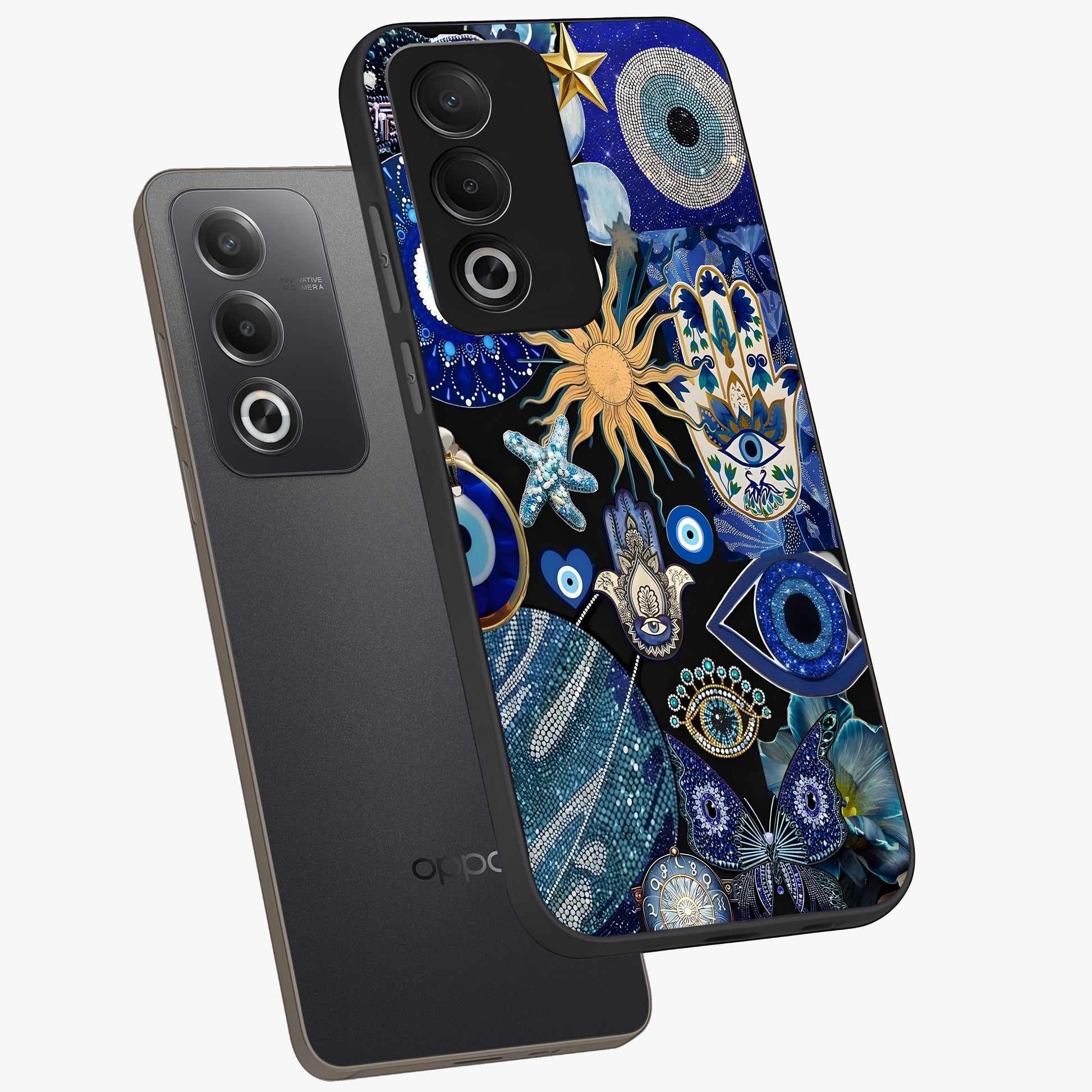 Evil Eye Charm Mix Glass Case displayed in angled mockup highlighting protective evil eye symbols with spiritual aesthetic design.