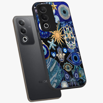 Evil Eye Charm Mix Glass Case displayed in angled mockup highlighting protective evil eye symbols with spiritual aesthetic design.
