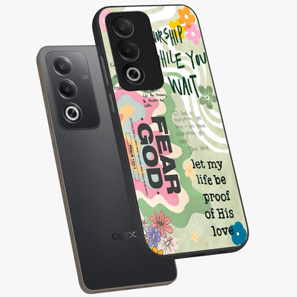 Faith Over Fear Glass Case displayed in angled mockup highlighting inspirational message design with modern aesthetic style.