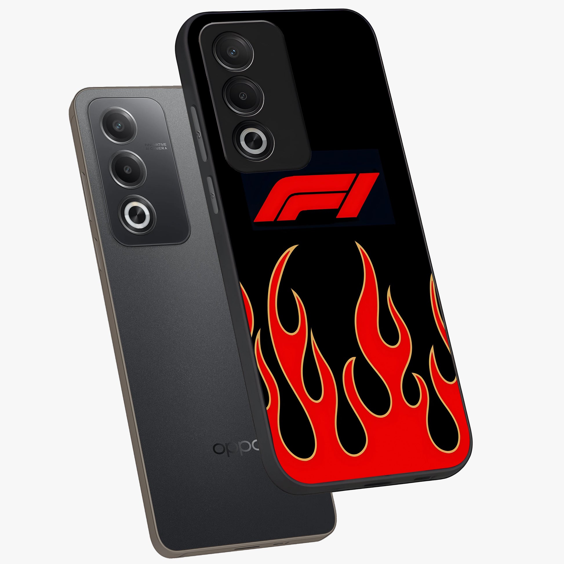 Fire F11 Glass Case displayed in angled mockup highlighting bold fire inspired graphic with energetic aesthetic style.
