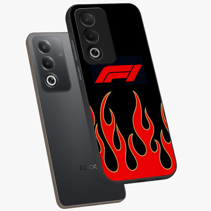Fire F11 Glass Case displayed in angled mockup highlighting bold fire inspired graphic with energetic aesthetic style.