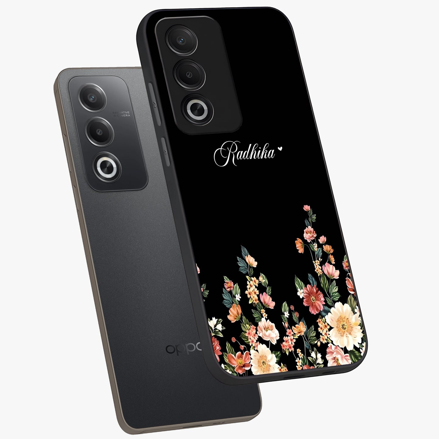 Floral Design With a Custom Personalized Name Glass Case displayed in angled mockup highlighting elegant floral pattern with custom name feature.