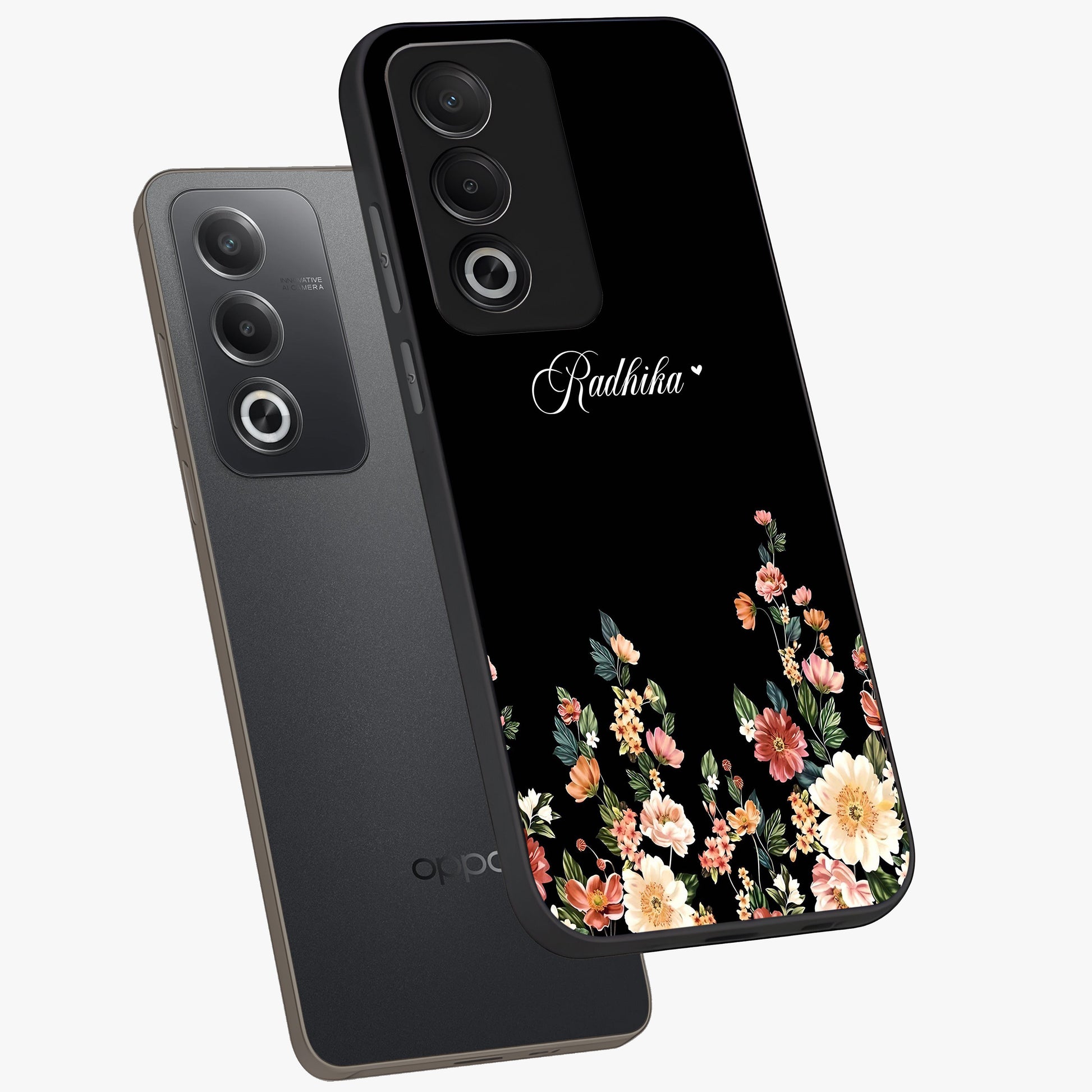 Floral Design With a Custom Personalized Name Glass Case displayed in angled mockup highlighting elegant floral pattern with custom name feature.