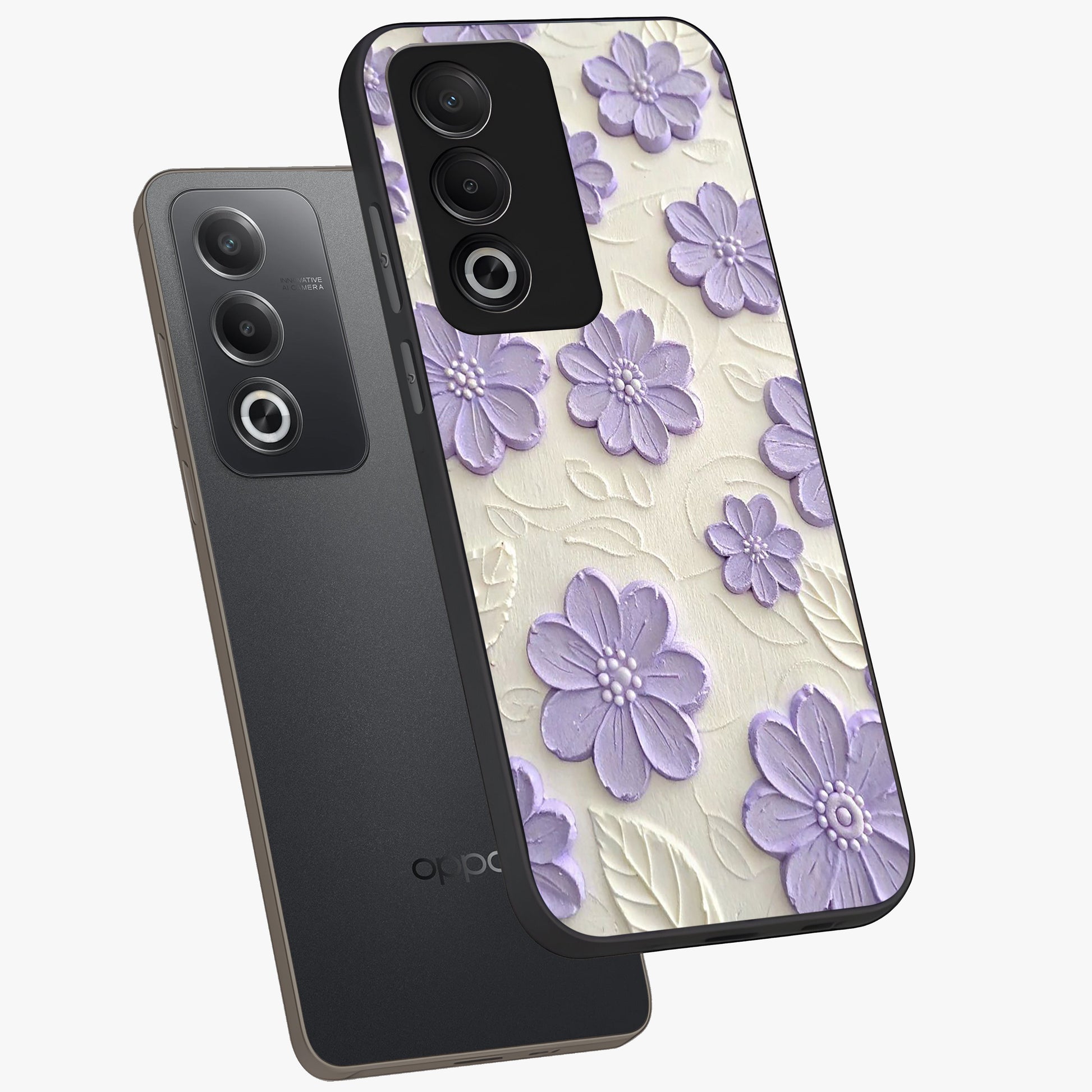 Floral Wall Art With Purple Flowers Glass Case displayed in angled mockup highlighting vibrant purple floral illustration with artistic aesthetic.