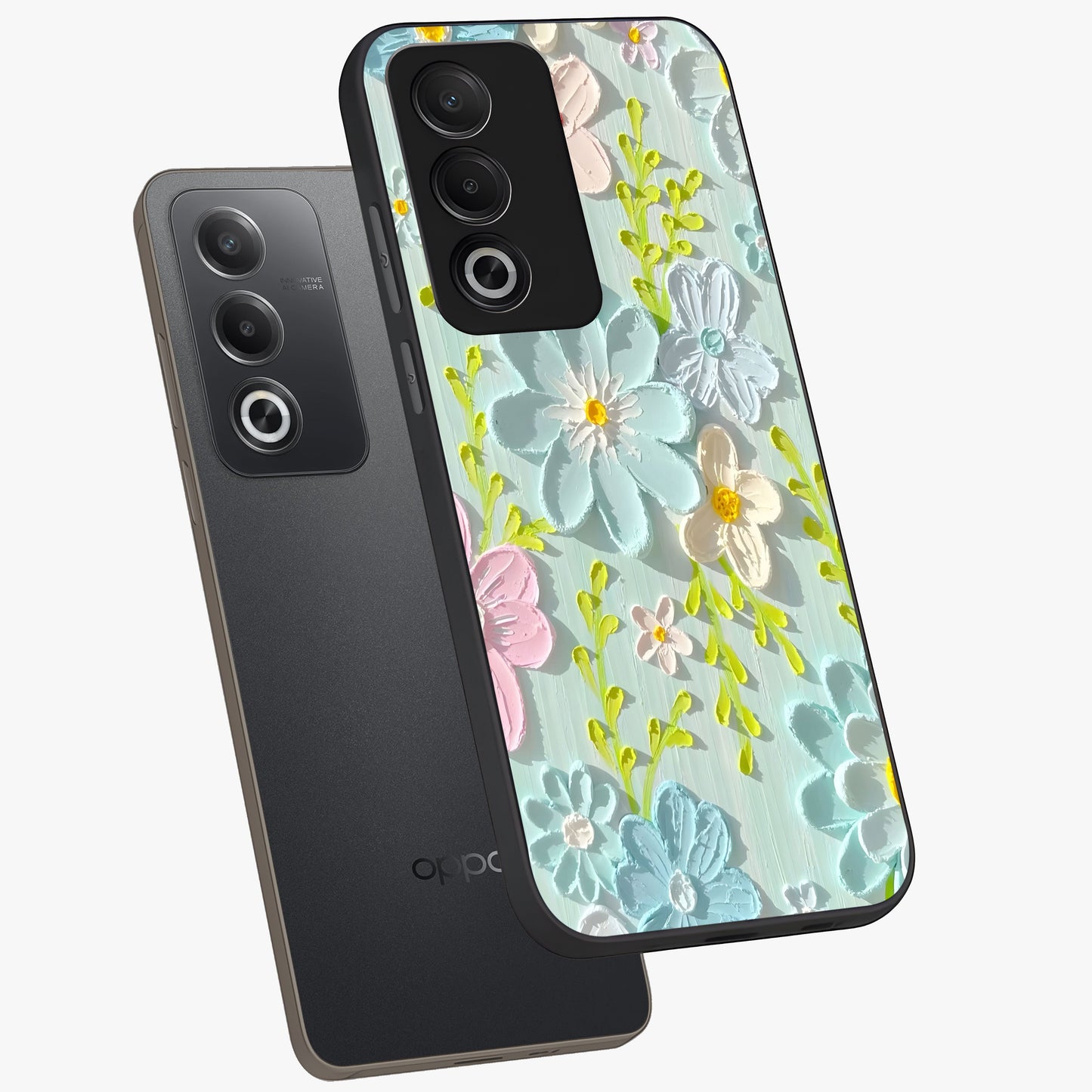 Frosted Petal Garden Glass Case displayed in angled mockup highlighting delicate flower petal design with calm garden aesthetic.