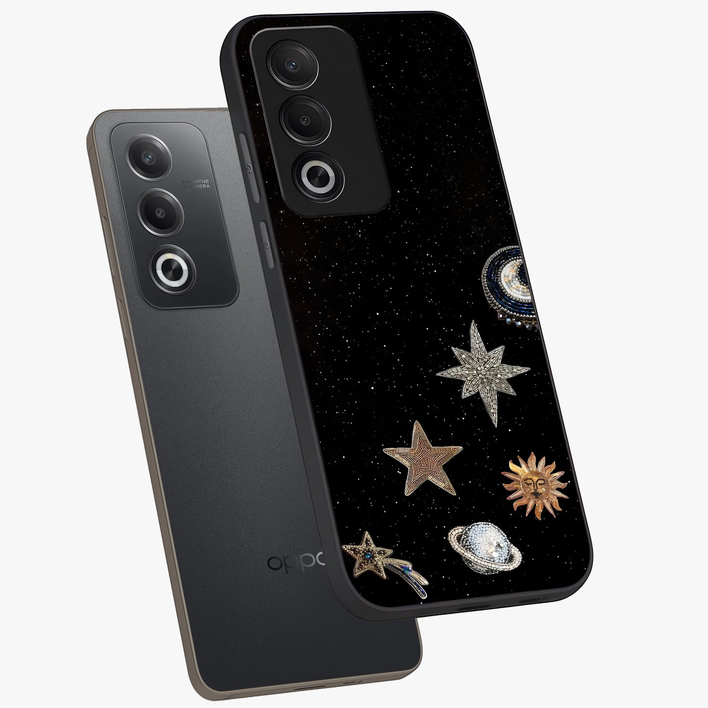 Galactic Charm Glow Glass Case displayed in angled mockup highlighting luminous galaxy inspired design with dreamy aesthetic.