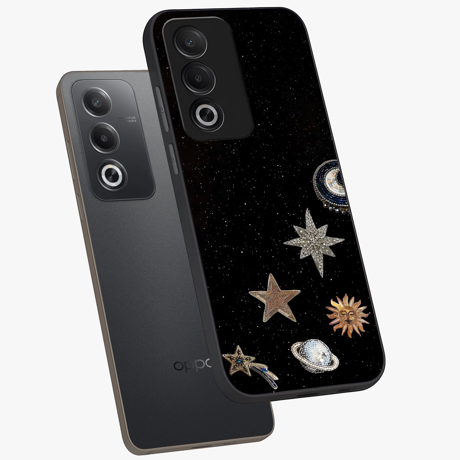 Galactic Charm Glow Glass Case displayed in angled mockup highlighting luminous galaxy inspired design with dreamy aesthetic.