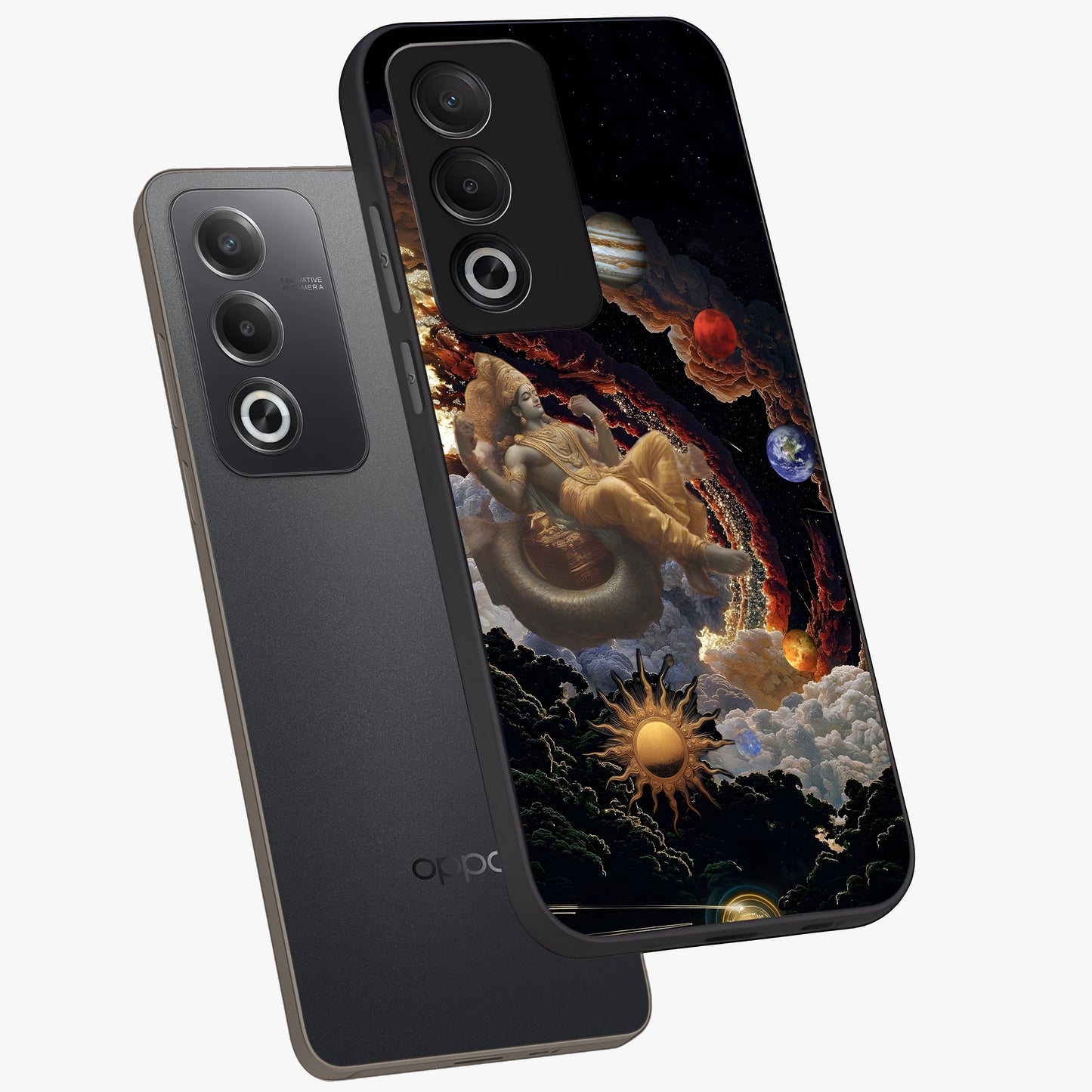 Galactic Divine God Glass Case displayed in angled mockup highlighting powerful celestial deity illustration with galactic aesthetic.