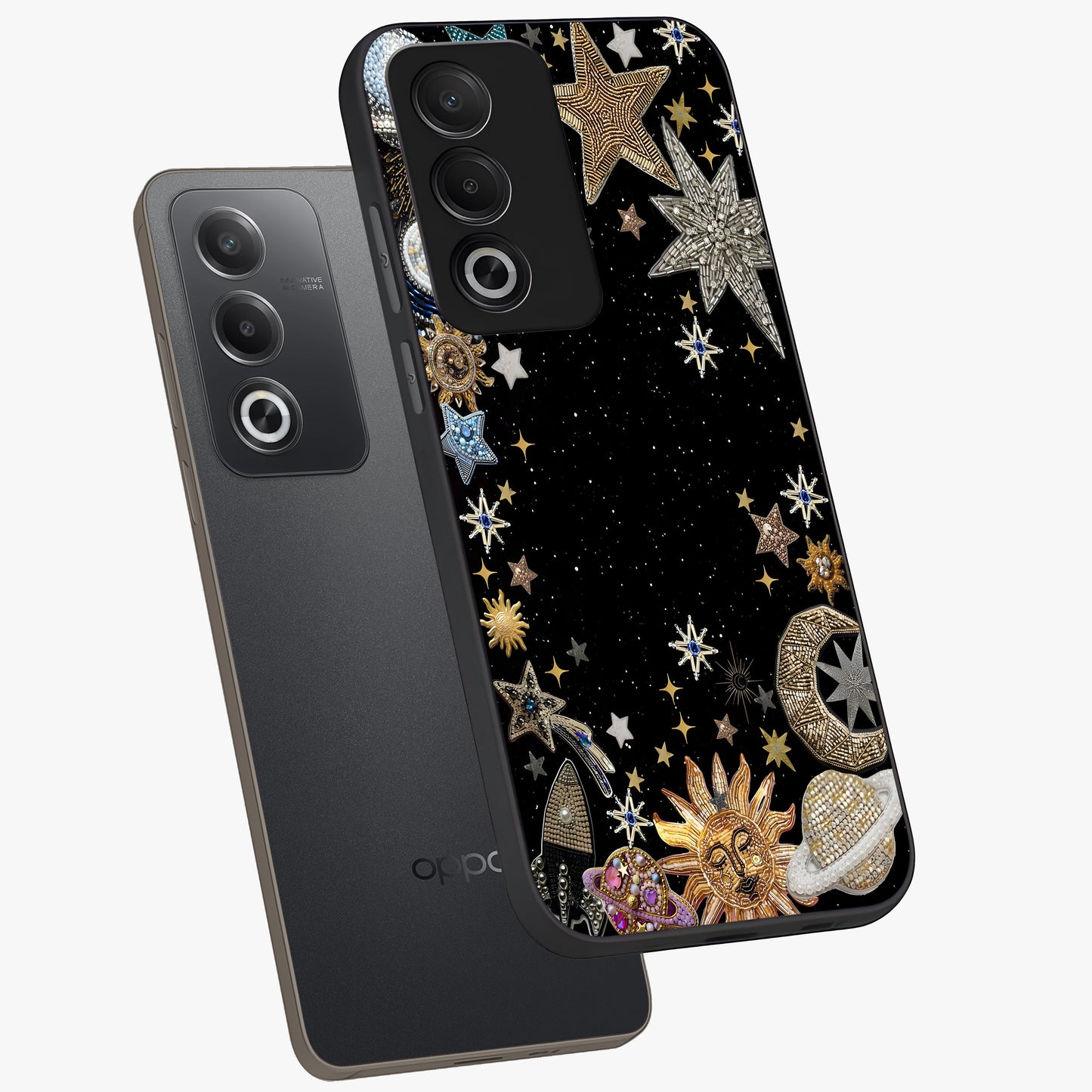 Galactic Jewel Stars Glass Case displayed in angled mockup highlighting shining celestial star design with cosmic aesthetic style.