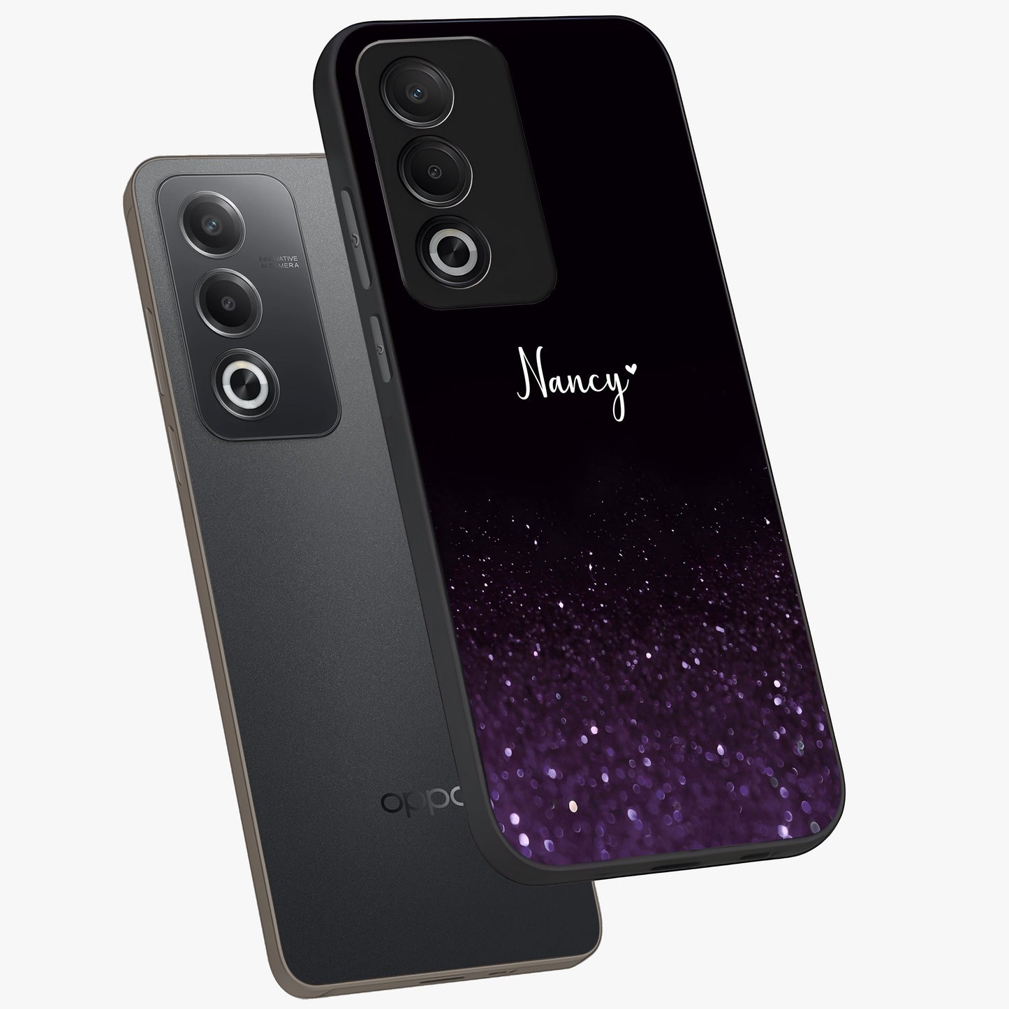 Glittery Purple Bokeh Custom Name Glass Case displayed in angled mockup highlighting glitter bokeh pattern with custom name feature.