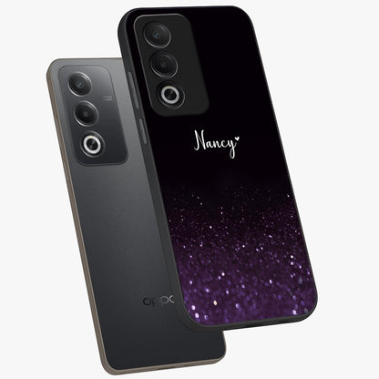 Glittery Purple Bokeh Custom Name Glass Case displayed in angled mockup highlighting glitter bokeh pattern with custom name feature.