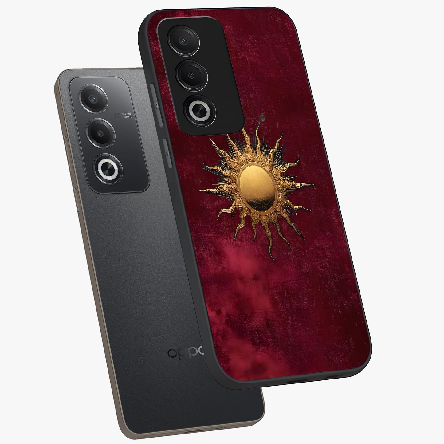 Golden Sun Minimalism Glass Case displayed in angled mockup highlighting clean sun symbol design with modern minimal aesthetic.