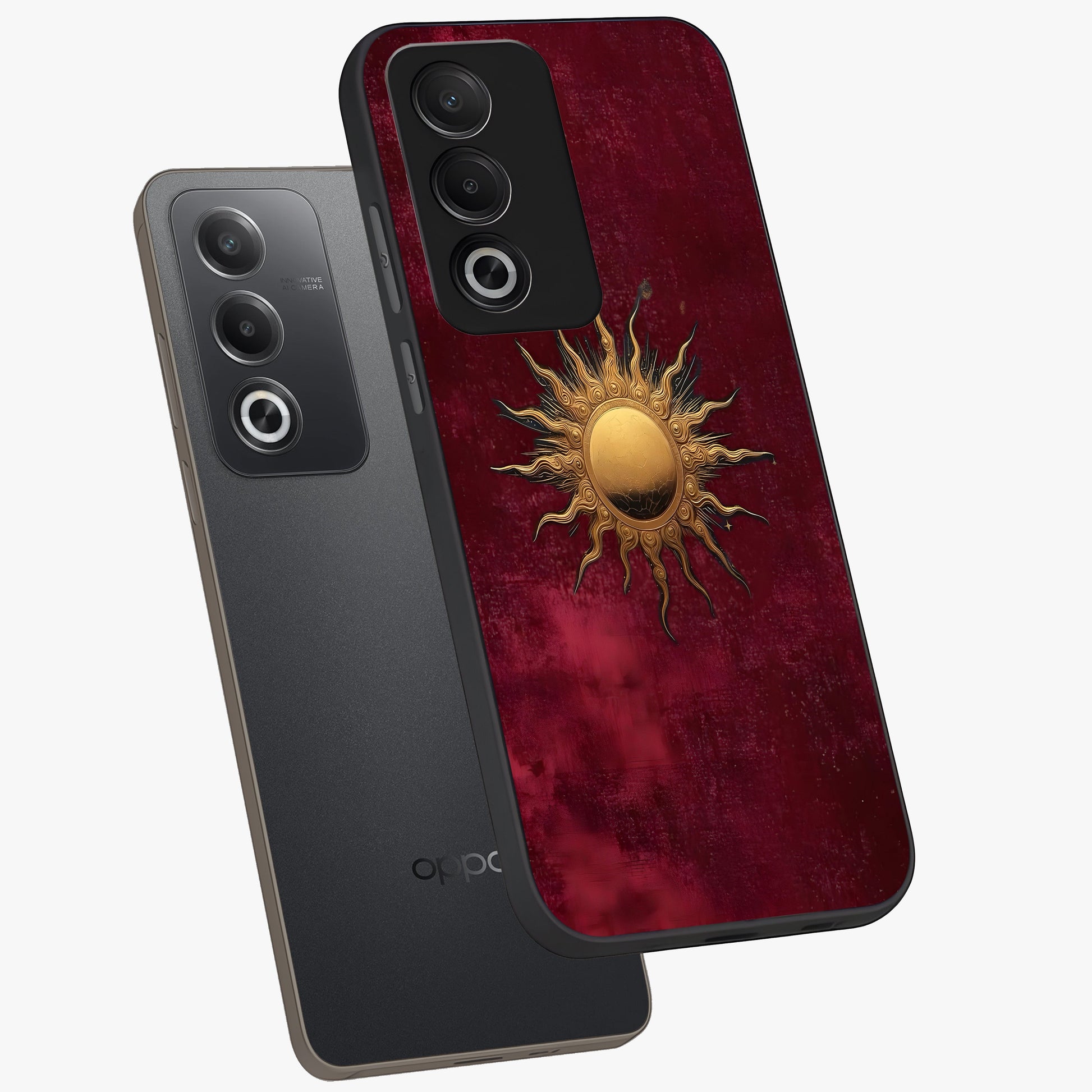 Golden Sun Minimalism Glass Case displayed in angled mockup highlighting clean sun symbol design with modern minimal aesthetic.